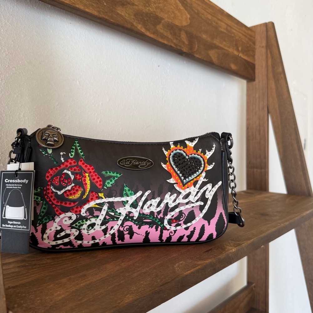 Ed Hardy Rose Heart Rhinestone Y2K Shoulder Crossbody Bag NWT